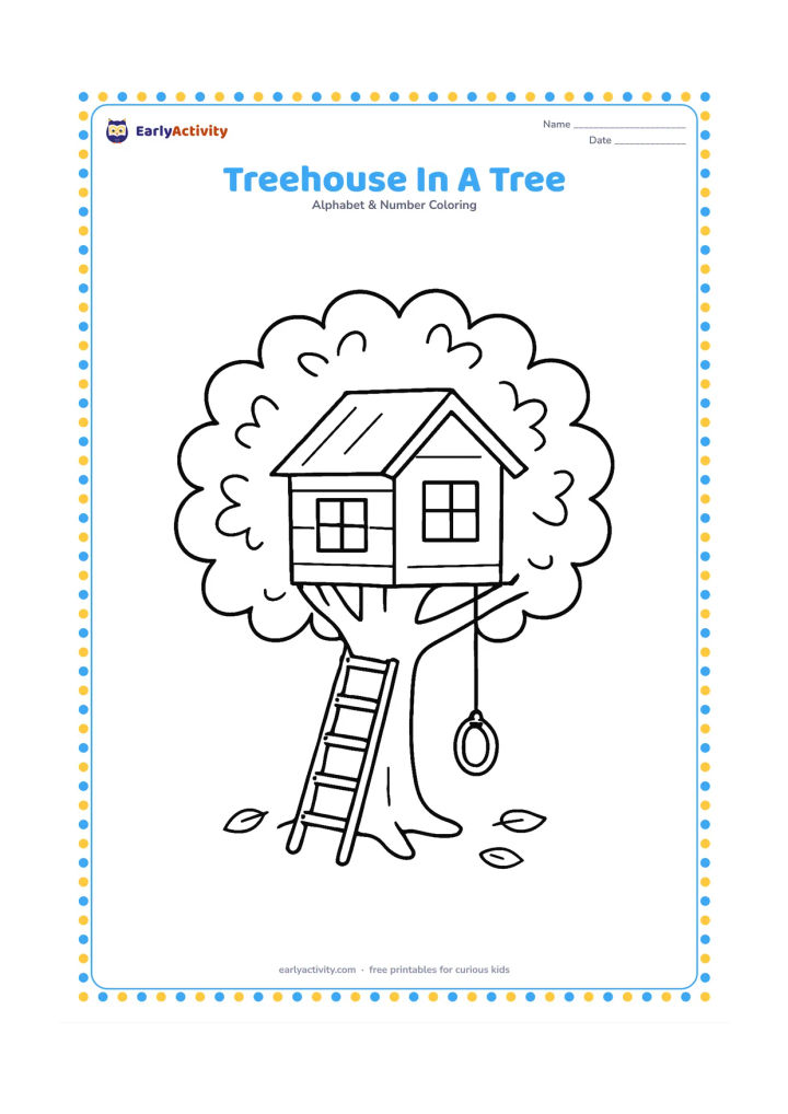 Colouring page: Draw a small treehouse built among the branches of a broad tree, with a ladder, window, rope swing, and leafy canopy. Place a few fallen leaves on the ground below.