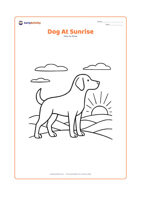 Worksheet: Show blank, unlabeled stages for a dog standing on a hill at sunrise, progressing from head and body shapes to paws, floppy ears, coat texture and a layered sky with hills. The dog faces…