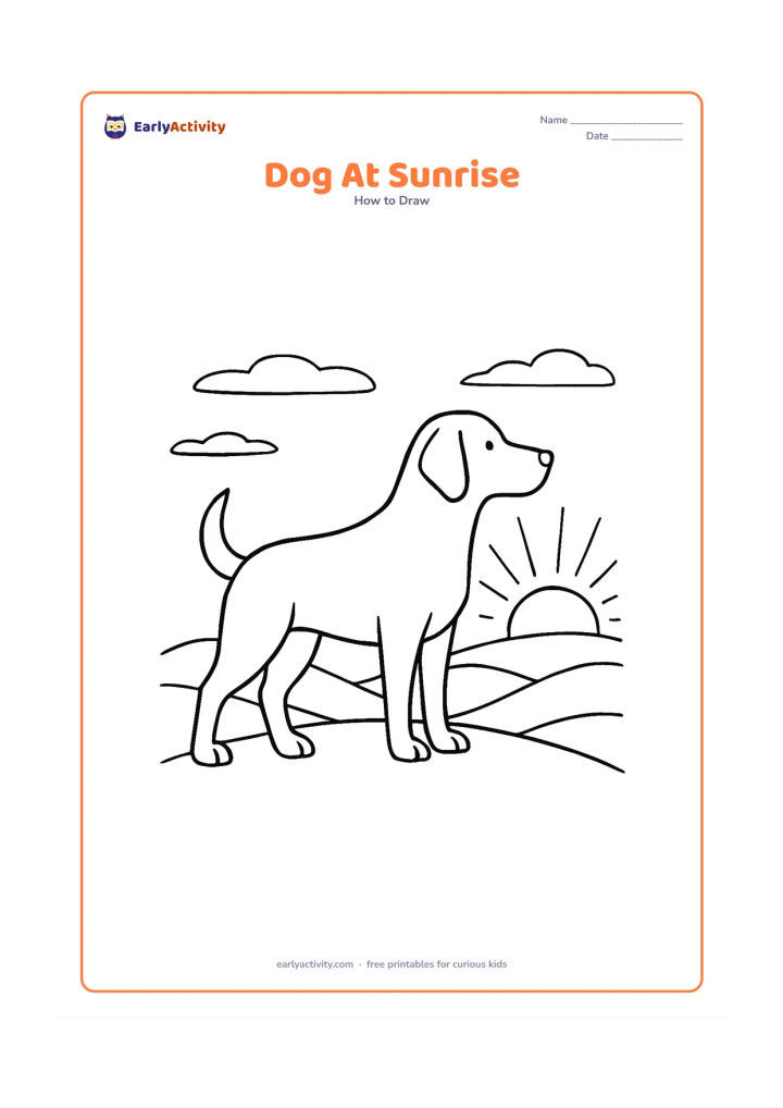 Worksheet: Show blank, unlabeled stages for a dog standing on a hill at sunrise, progressing from head and body shapes to paws, floppy ears, coat texture and a layered sky with hills. The dog faces…
