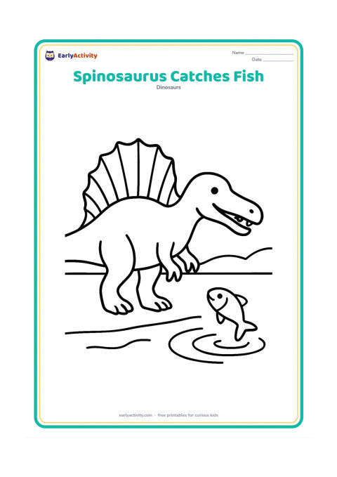 Colouring page: A Spinosaurus lowers its long snout toward one jumping fish in shallow water. Include the large sail, sturdy legs, curved tail and a simple far riverbank.