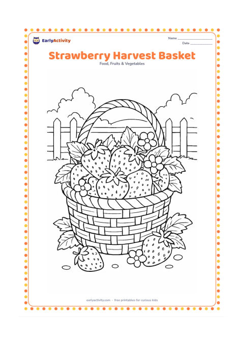 Colouring page: Draw a full woven harvest basket overflowing with strawberries, leaves, flowers, and a few loose berries on the ground, with a garden fence and distant trees behind.