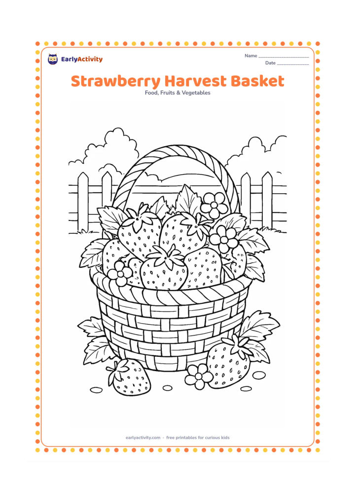 Colouring page: Draw a full woven harvest basket overflowing with strawberries, leaves, flowers, and a few loose berries on the ground, with a garden fence and distant trees behind.