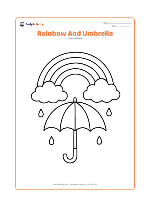 Worksheet: A child-sized open umbrella stands below a rainbow, with two large clouds and a few raindrops above it. The umbrella has wide blank sections for colouring and no person is needed.