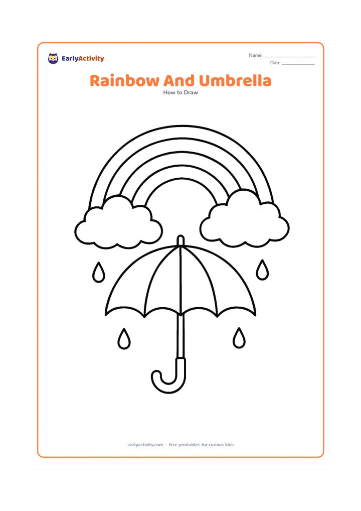 Worksheet: A child-sized open umbrella stands below a rainbow, with two large clouds and a few raindrops above it. The umbrella has wide blank sections for colouring and no person is needed.