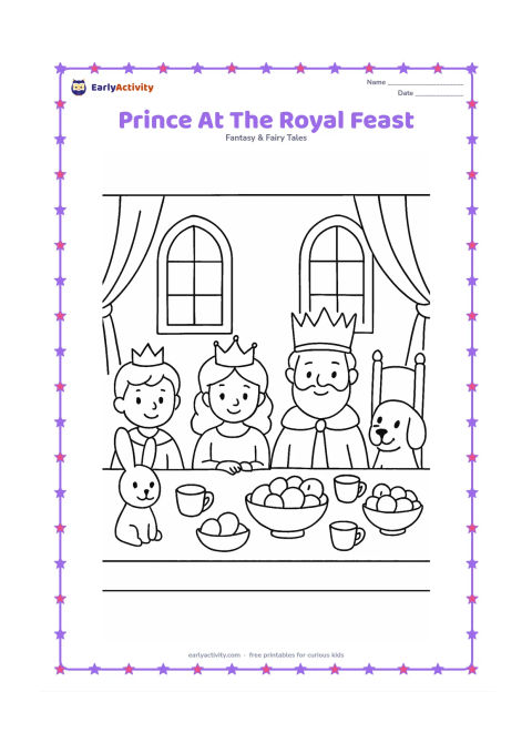 Colouring page: A prince sits at a long banquet table with a queen, a king, and two friendly animal guests. Show bowls of fruit, cups, a tall chair, castle windows, and simple hanging curtains.