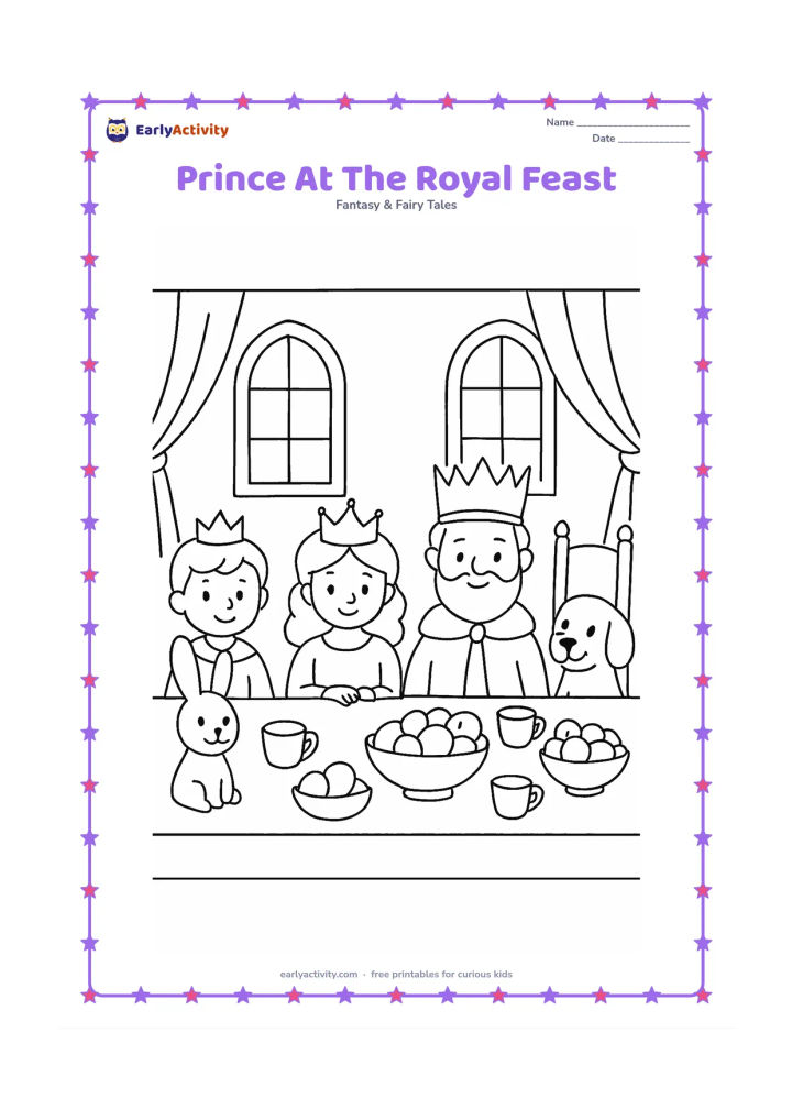 Colouring page: A prince sits at a long banquet table with a queen, a king, and two friendly animal guests. Show bowls of fruit, cups, a tall chair, castle windows, and simple hanging curtains.