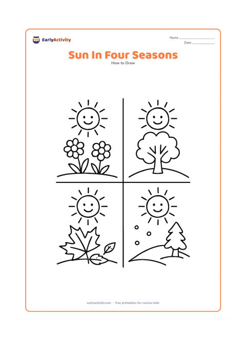 Worksheet: Divide the page into four large picture areas, each containing the same round sun with a different scene: spring flowers, a sunny summer tree, autumn leaves and a winter hill with snow.…