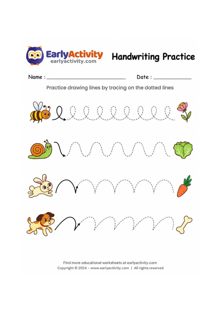 Worksheet showing a bee, snail, rabbit and dog with dotted lines leading to a flower, cabbage, carrot and bone.