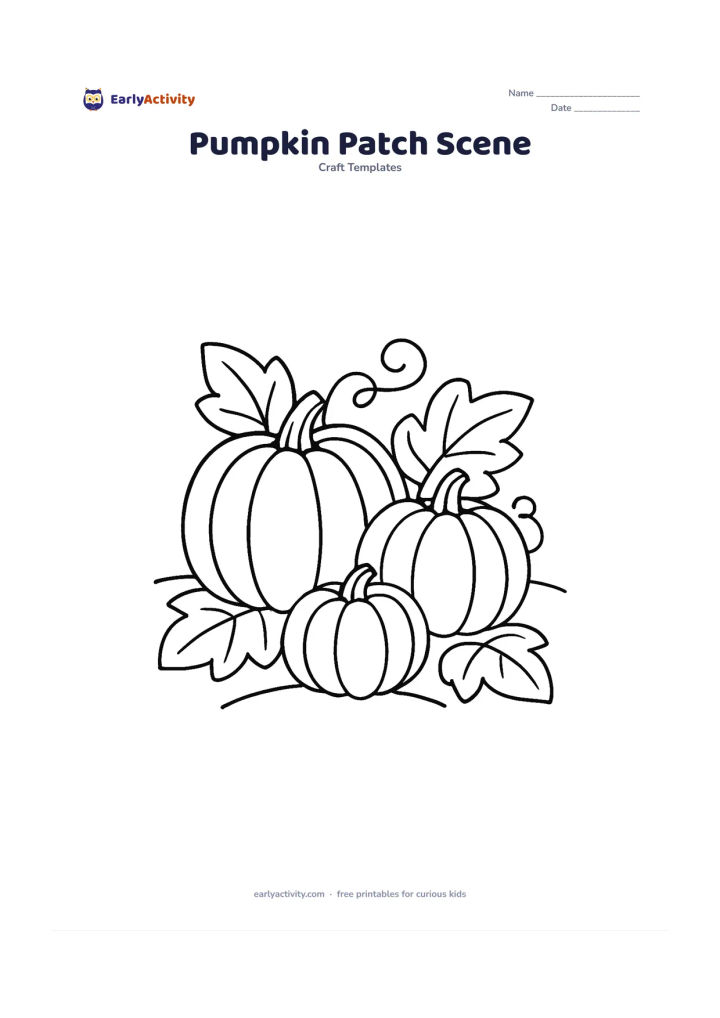 Worksheet: Several pumpkins overlap gently in a small patch, with a curved soil line, broad leaves, and simple curling vines. Include three pumpkins of different sizes with clear outer contours for…