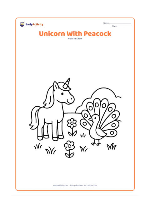 Worksheet: A unicorn stands beside a friendly peacock in a meadow, both facing one another. Give the peacock a simple open fan of large feather shapes, and add flowers, grass and a distant rounded…