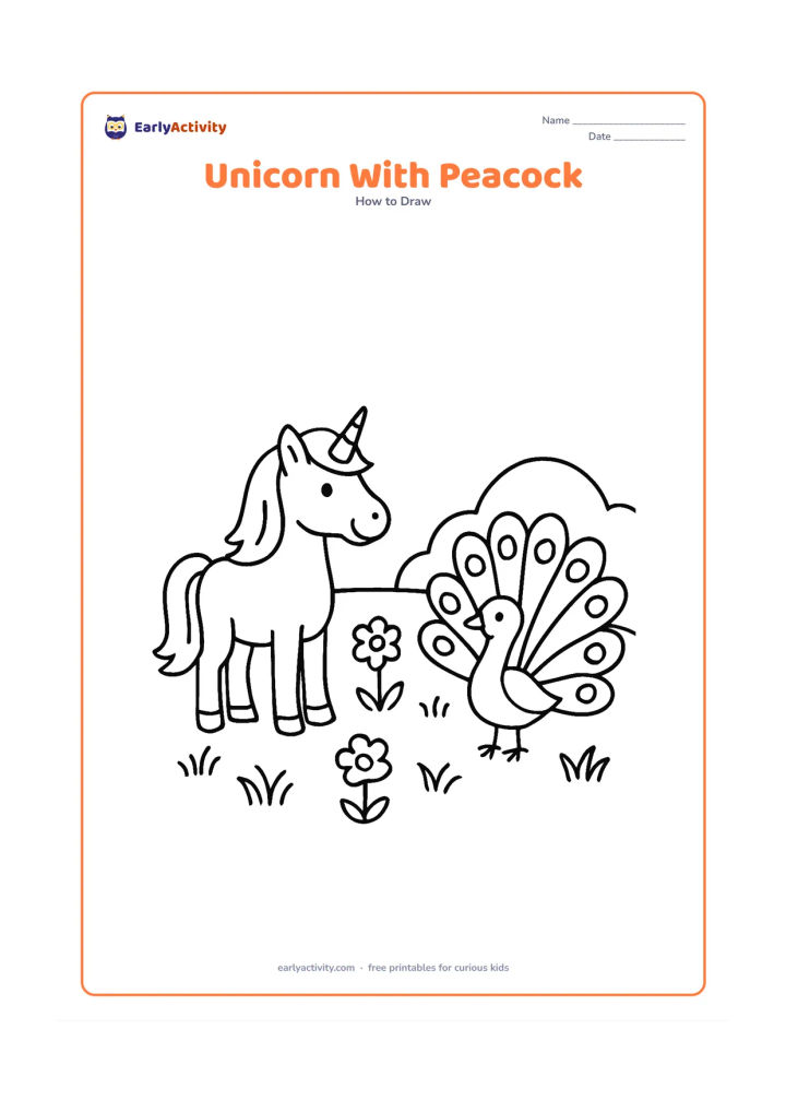Worksheet: A unicorn stands beside a friendly peacock in a meadow, both facing one another. Give the peacock a simple open fan of large feather shapes, and add flowers, grass and a distant rounded…