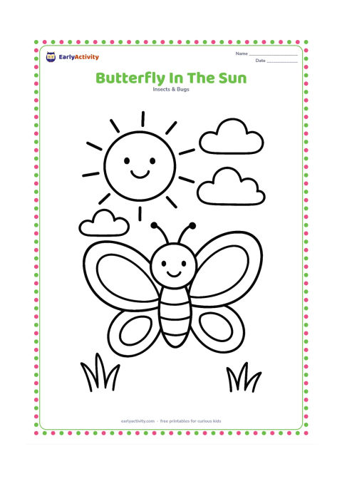 Colouring page: Draw a big butterfly flying beneath a large smiling sun, with three puffy clouds and a few simple grass blades below. Use a clear front view with wide symmetrical wings.