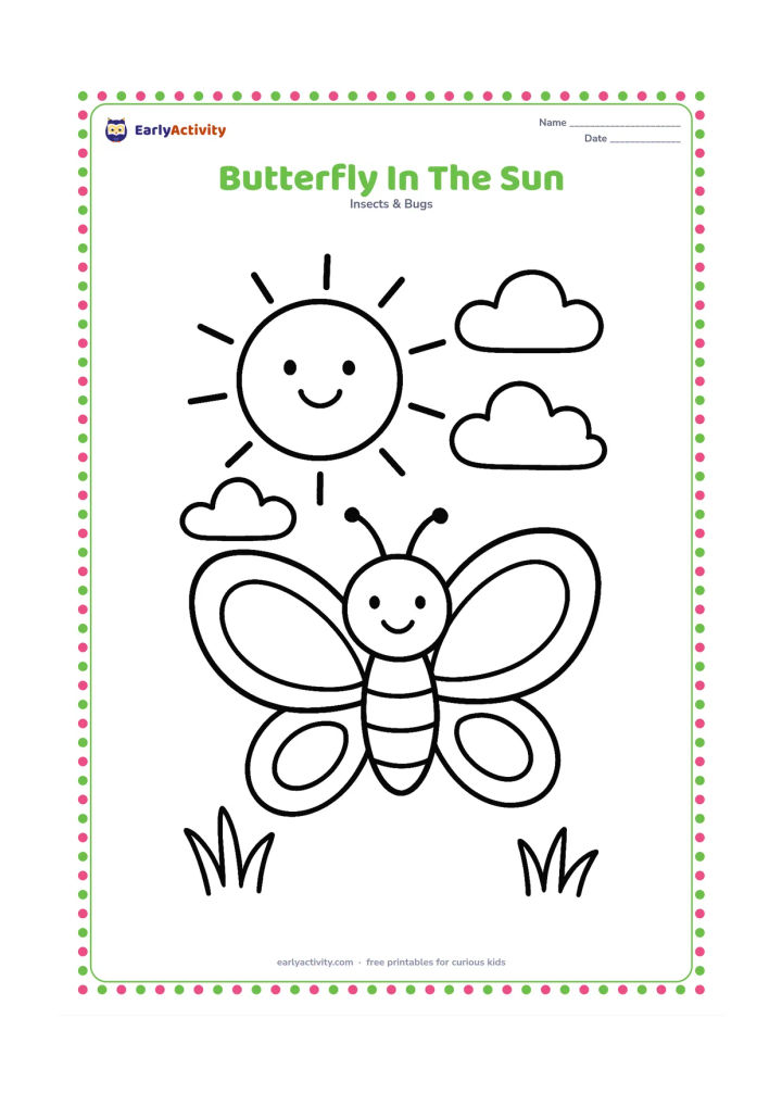Colouring page: Draw a big butterfly flying beneath a large smiling sun, with three puffy clouds and a few simple grass blades below. Use a clear front view with wide symmetrical wings.