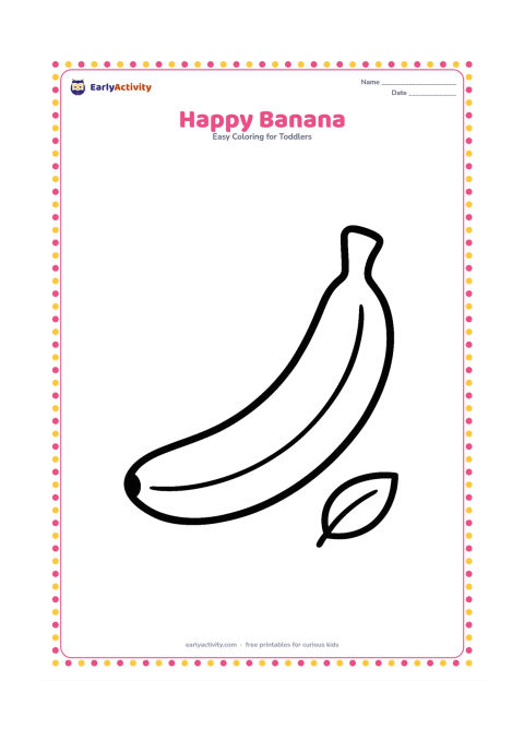 Colouring page: A single large curved banana lies diagonally across the page with both ends clearly visible. Add one small leaf beside it and no other fruit.