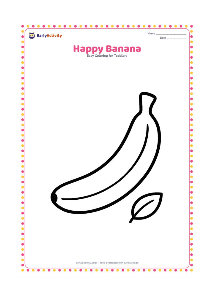 Colouring page: A single large curved banana lies diagonally across the page with both ends clearly visible. Add one small leaf beside it and no other fruit.