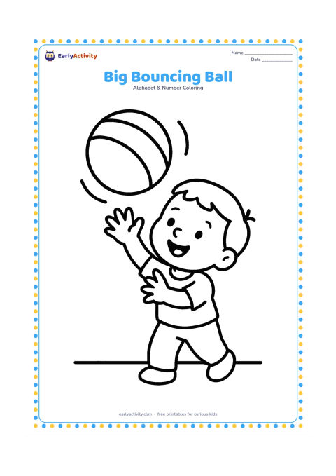 Colouring page: Draw one large striped ball bouncing above a simple floor line, with a smiling child reaching toward it. Keep the composition centered with only a few motion curves and no printed…