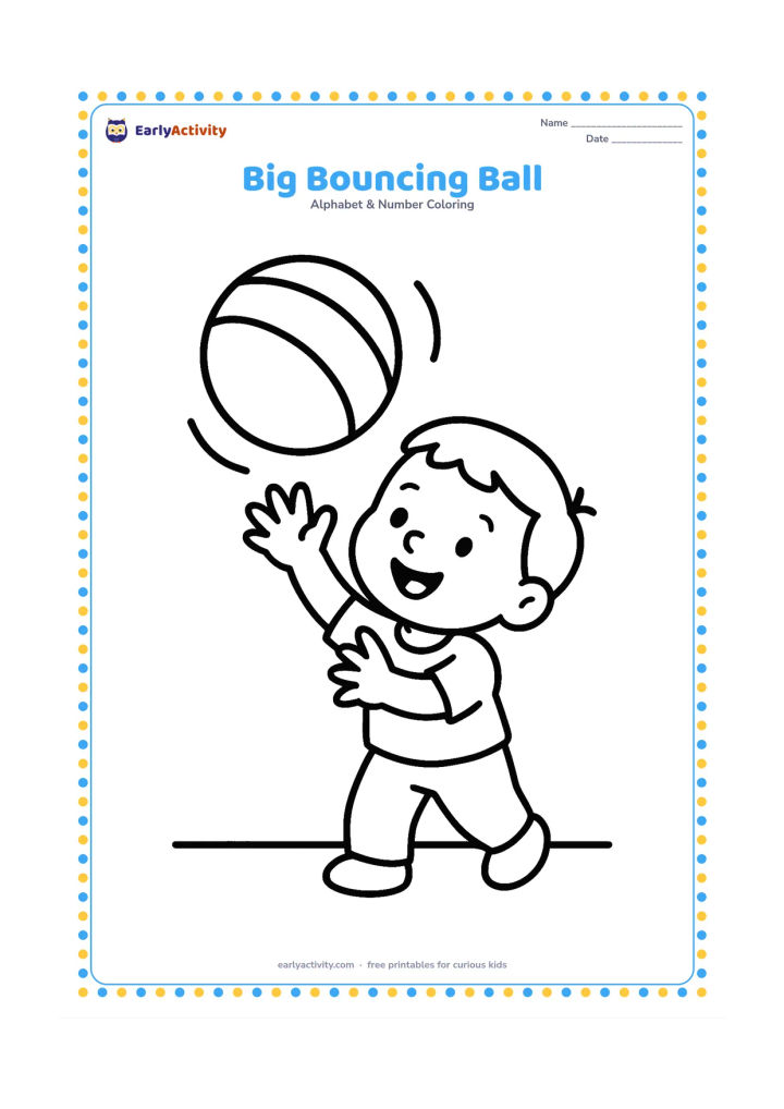 Colouring page: Draw one large striped ball bouncing above a simple floor line, with a smiling child reaching toward it. Keep the composition centered with only a few motion curves and no printed…