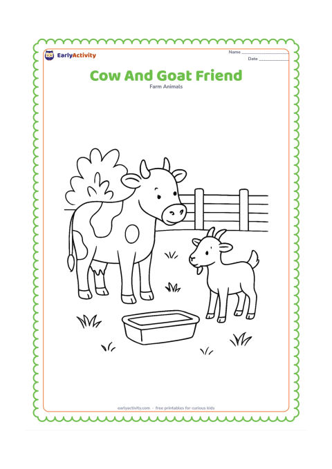 Colouring page: A cow and a small goat stand together in a fenced pasture, facing one another. Add a leafy shrub, several grass tufts, and a simple water trough.
