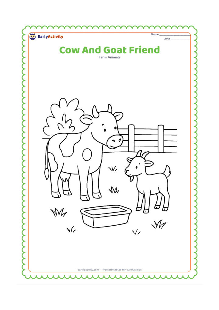 Colouring page: A cow and a small goat stand together in a fenced pasture, facing one another. Add a leafy shrub, several grass tufts, and a simple water trough.