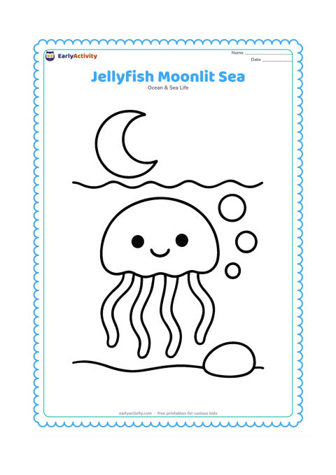 Colouring page: Draw one large jellyfish floating under a crescent moon seen through the water surface. Add three large bubbles and a simple sandy seabed with one rounded stone.