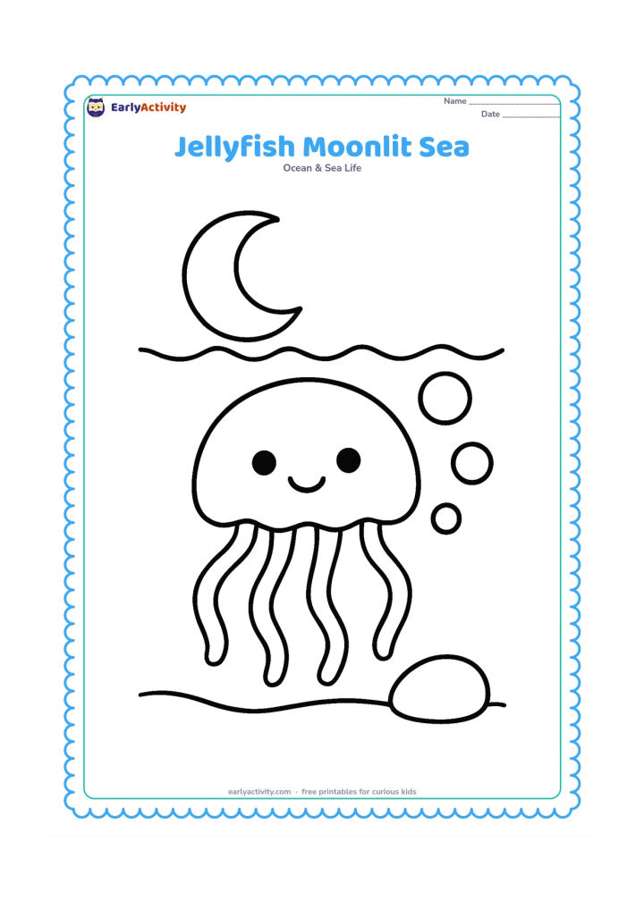 Colouring page: Draw one large jellyfish floating under a crescent moon seen through the water surface. Add three large bubbles and a simple sandy seabed with one rounded stone.