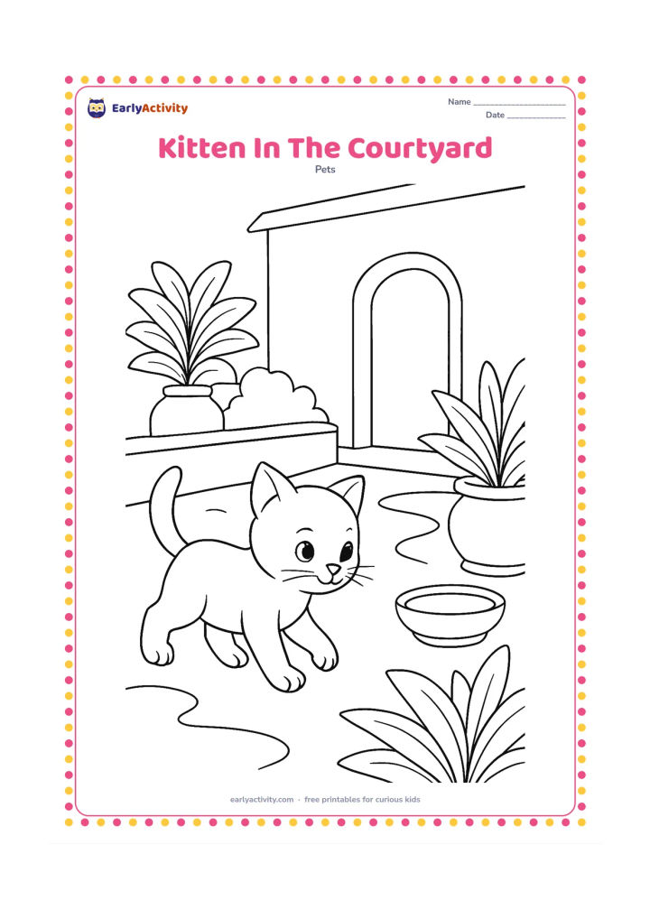 Colouring page: A kitten walks through an Indian-style home courtyard beside a low wall, clay plant pots and a simple doorway. Add a small water bowl and broad leafy plants.