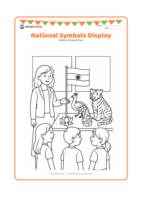 Colouring page: Draw a classroom display table featuring an Indian flag, a peacock, a Bengal tiger and a lotus arranged as India-related national symbols. Three children stand nearby observing the…