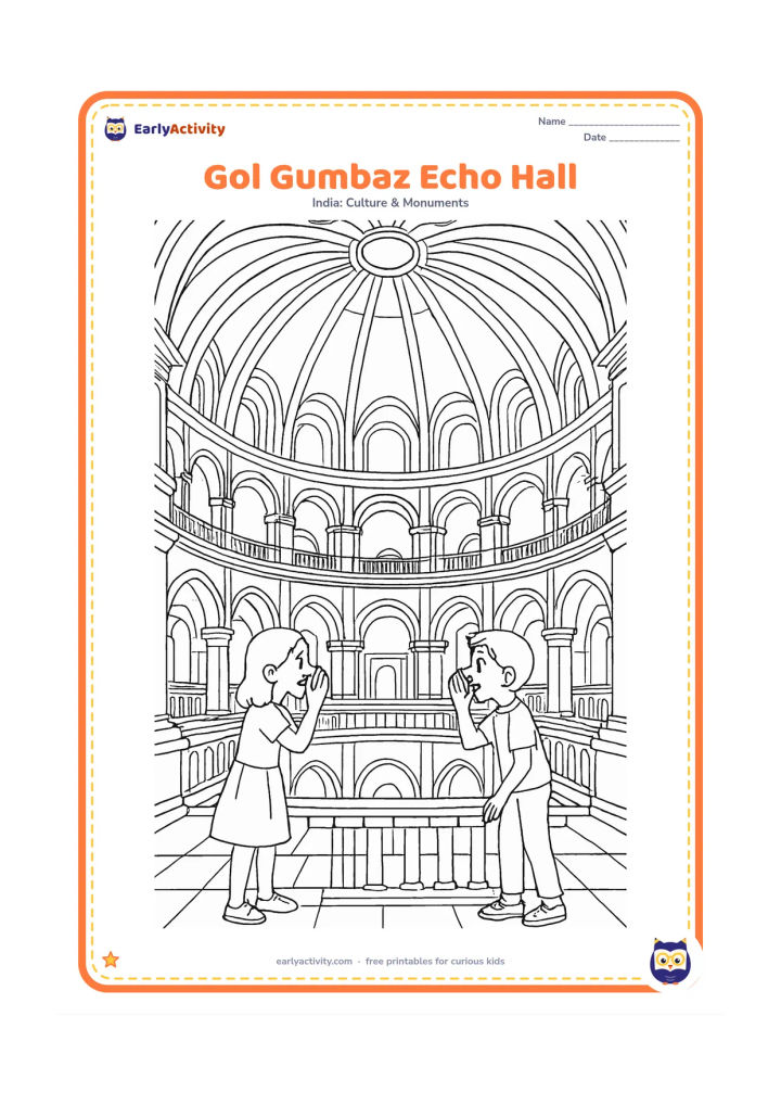 Colouring page: Show the interior of Gol Gumbaz beneath its enormous dome, with two siblings standing on opposite sides of the echo gallery and cupping their hands as they call to each other. Include…