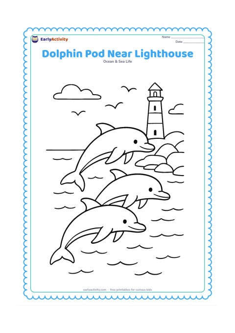 Colouring page: Draw three dolphins travelling together beside a rocky shore with a simple lighthouse, low waves, and a few seabirds in the sky. Keep the pod in the foreground and the lighthouse smaller…