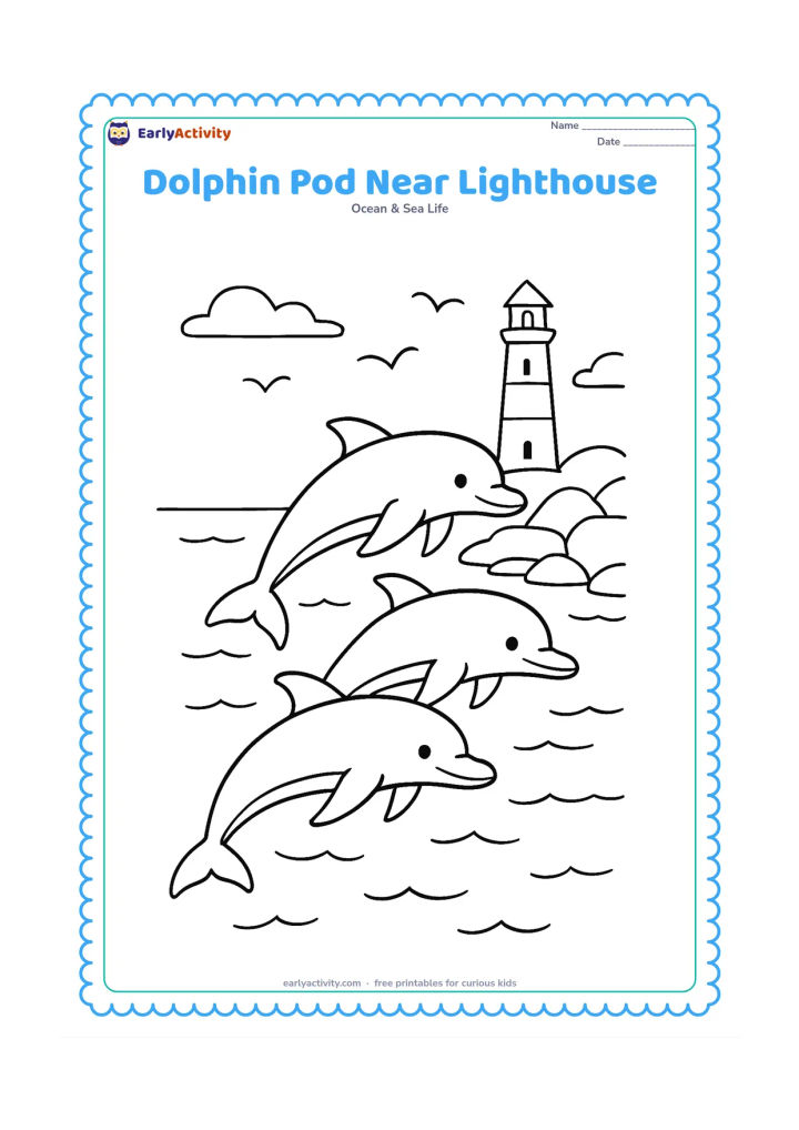 Colouring page: Draw three dolphins travelling together beside a rocky shore with a simple lighthouse, low waves, and a few seabirds in the sky. Keep the pod in the foreground and the lighthouse smaller…