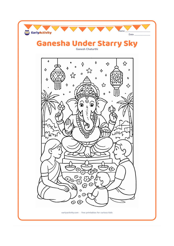 Colouring page: A beautifully decorated Ganesha idol sits on an outdoor platform at night, surrounded by diyas, flowers, hanging lanterns and a calm family gathering. Include a starry sky, palm trees…