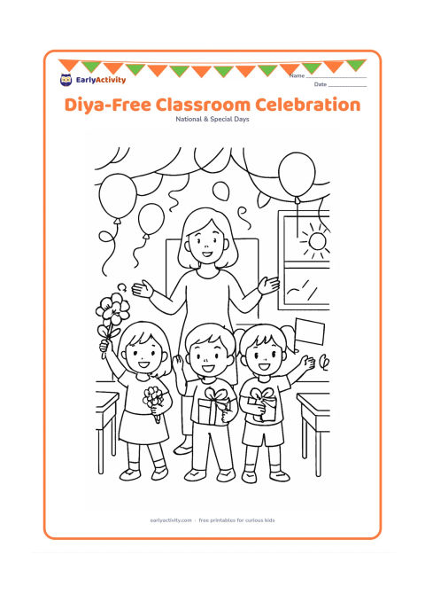Colouring page: Children celebrate in a bright classroom by holding flowers, small flags without markings, and wrapped gifts while a teacher stands among them. Add streamers, balloons, desks, and a…