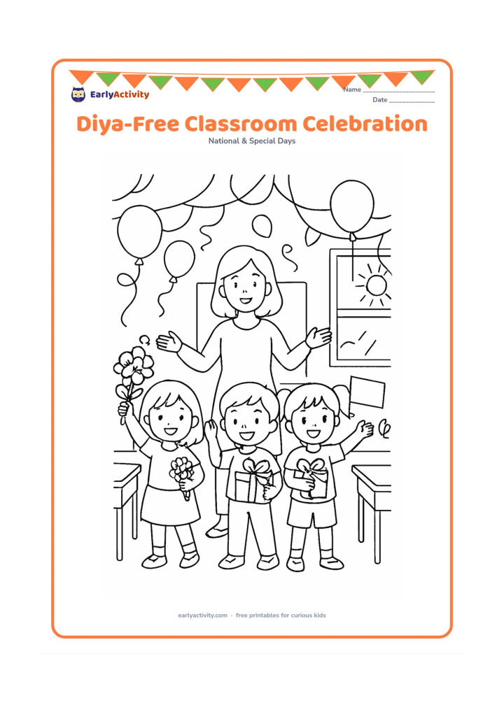 Colouring page: Children celebrate in a bright classroom by holding flowers, small flags without markings, and wrapped gifts while a teacher stands among them. Add streamers, balloons, desks, and a…
