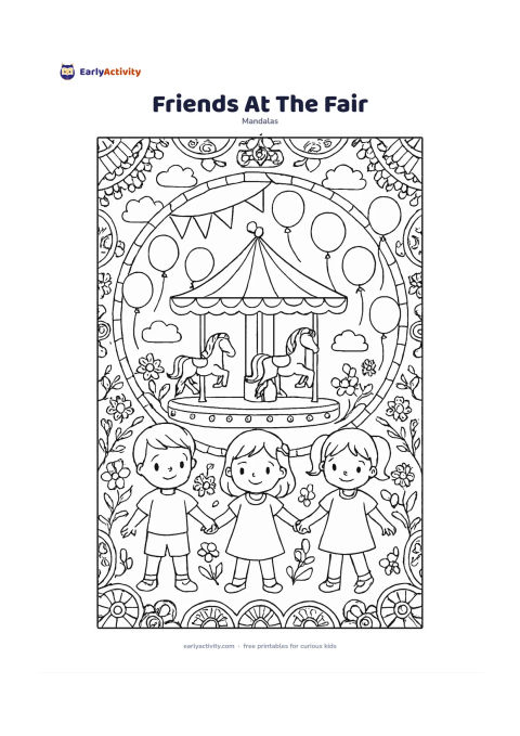 Colouring page: Show three children holding hands beside a simple carousel at the centre of a circular fairground mandala, surrounded by balloons, bunting without writing, flowers, clouds, and repeating…