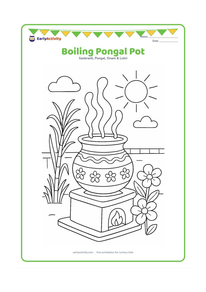 Colouring page: A decorated clay pot bubbles over on a safe outdoor stove, with steam rising toward a bright Sun. Add sugarcane, flowers, and a low courtyard wall in the background.