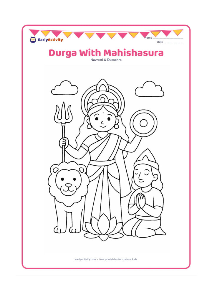 Colouring page: Show Durga standing confidently with her lion beside her and Mahishasura kneeling peacefully with hands lowered, representing good overcoming evil without frightening action. Add a…