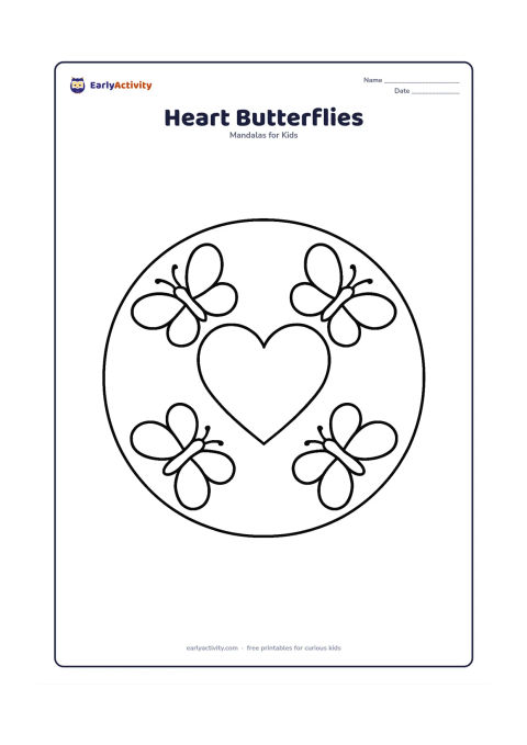 Colouring page: Draw a large central heart surrounded by four simple butterflies, each with rounded heart-like wings, inside a broad circular border. Place one butterfly at each quarter of the mandala.