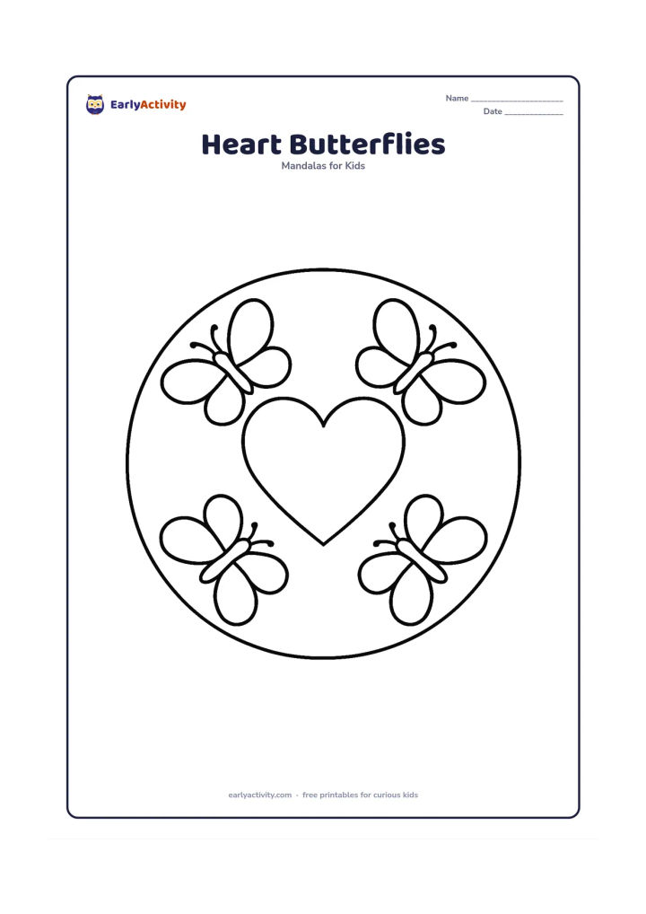 Colouring page: Draw a large central heart surrounded by four simple butterflies, each with rounded heart-like wings, inside a broad circular border. Place one butterfly at each quarter of the mandala.