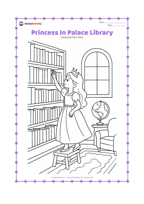 Colouring page: Draw a princess reaching for a book on a library shelf while standing on a small step stool. Include tall shelves, an arched window, a globe without labels, a reading chair, and a…