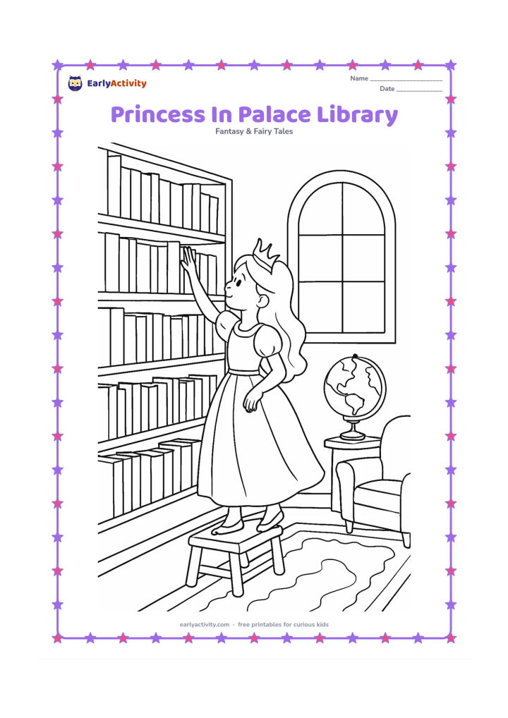 Colouring page: Draw a princess reaching for a book on a library shelf while standing on a small step stool. Include tall shelves, an arched window, a globe without labels, a reading chair, and a…