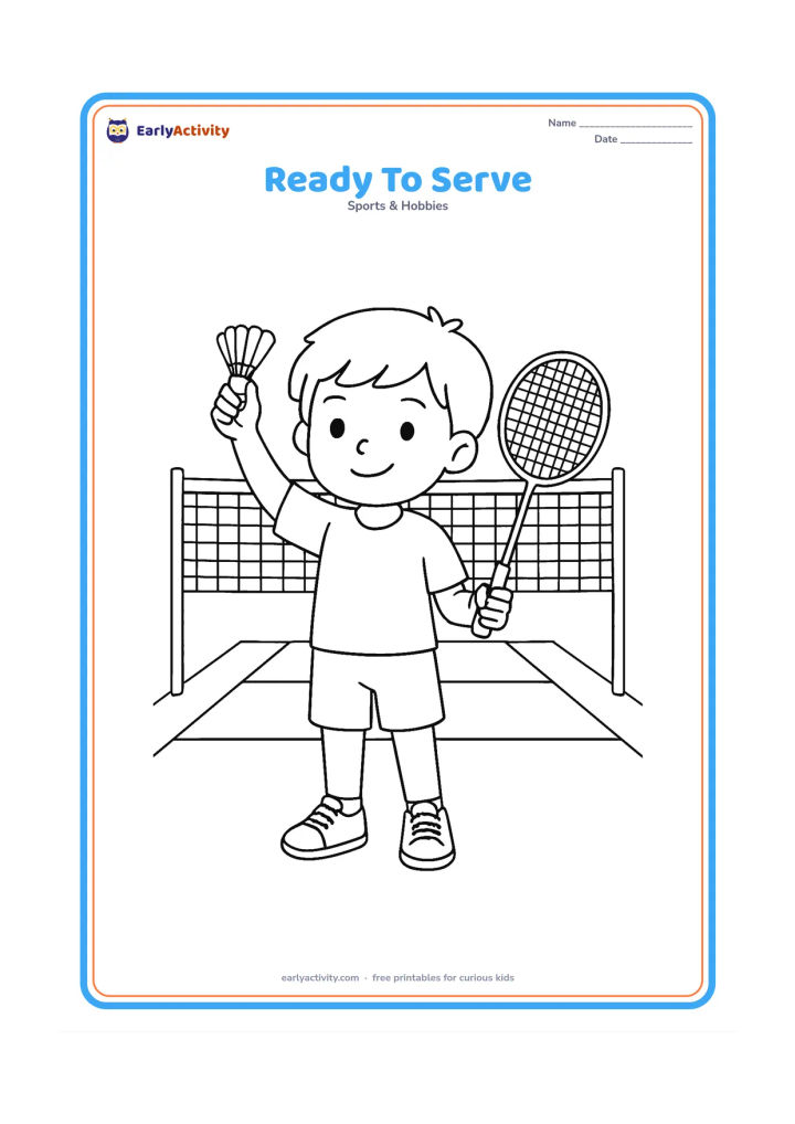 Colouring page: Draw a child standing in a badminton court service area, holding a shuttlecock in one raised hand and a racket in the other. Show the net, posts and clear service lines behind the child.