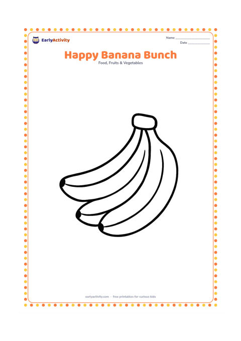 Colouring page: Draw a small bunch of three overlapping bananas with their stems meeting at the top. Add only a few simple curved peel lines and plenty of open space around the bunch.