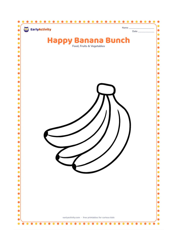 Colouring page: Draw a small bunch of three overlapping bananas with their stems meeting at the top. Add only a few simple curved peel lines and plenty of open space around the bunch.