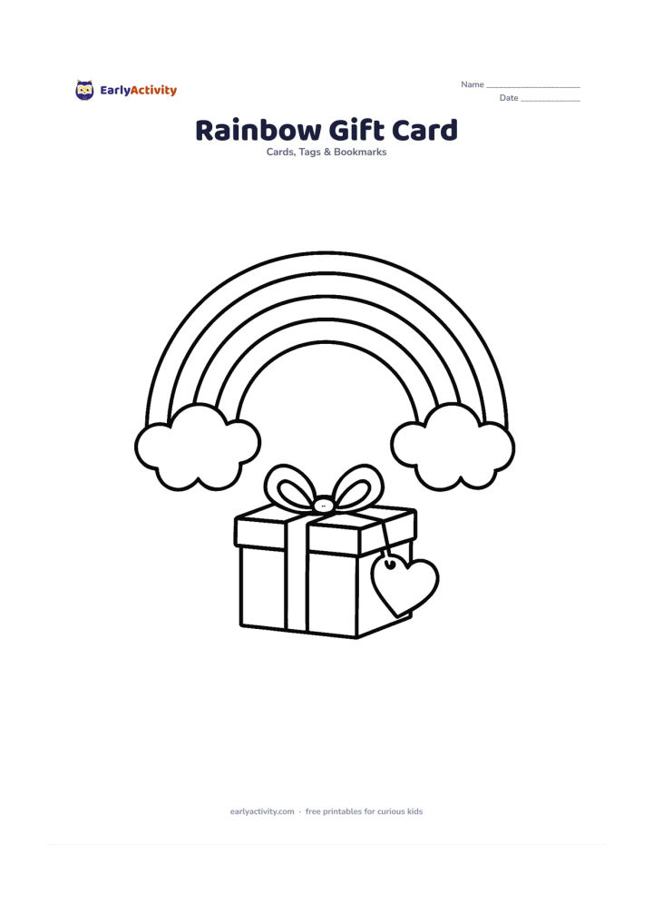 Worksheet: A large rainbow arches over a simple wrapped gift with a heart-shaped tag left completely blank. Add two clouds and a broad empty space beneath the gift for a message.