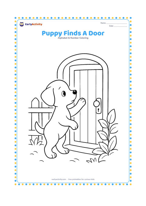 Colouring page: A curious puppy stands on its hind legs with one paw touching a closed garden door. Show a doorknob, a low fence and leafy plants around the doorway.