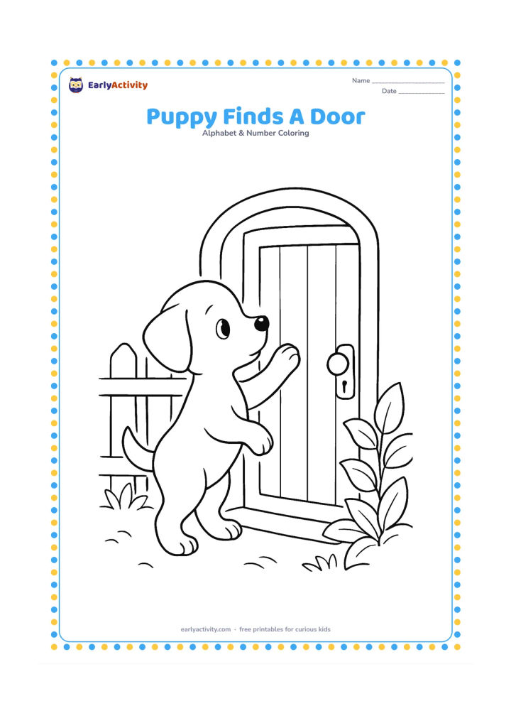 Colouring page: A curious puppy stands on its hind legs with one paw touching a closed garden door. Show a doorknob, a low fence and leafy plants around the doorway.