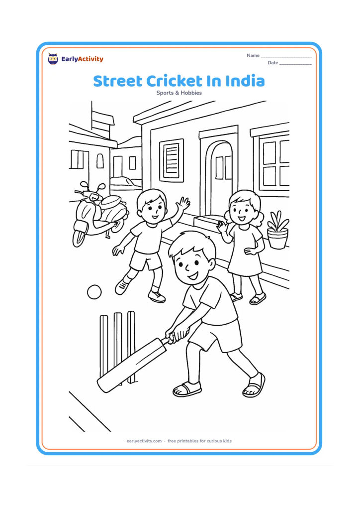 Colouring page: Children playing a friendly cricket game on a quiet Indian residential lane, with a batter, a bowler and makeshift wickets made from simple wooden pieces. Show scooters, house fronts and…