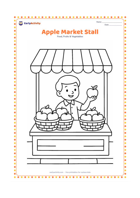 Colouring page: Draw a small Indian market stall with baskets of apples on a counter, a striped canopy, and a shopkeeper offering one apple. Show a simple street edge behind it without signs or writing.