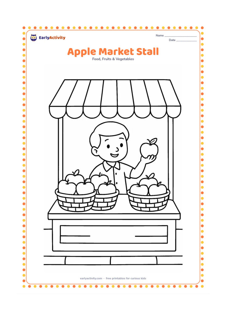 Colouring page: Draw a small Indian market stall with baskets of apples on a counter, a striped canopy, and a shopkeeper offering one apple. Show a simple street edge behind it without signs or writing.
