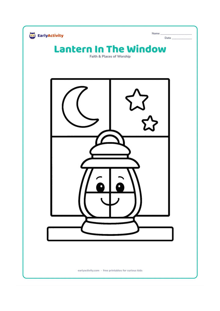 Colouring page: A cheerful lantern sits on a wide windowsill, with a crescent moon and two large stars visible outside. Show only simple window panes and no scenery details.